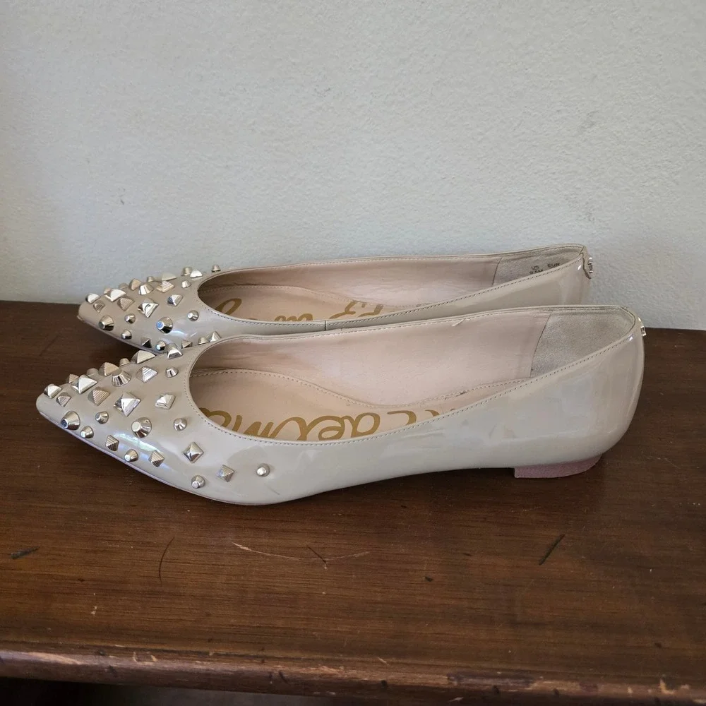 Sam Edelman‎ Savana Beige Patent Studded Pointed Toe Flats Shoes 9.5M